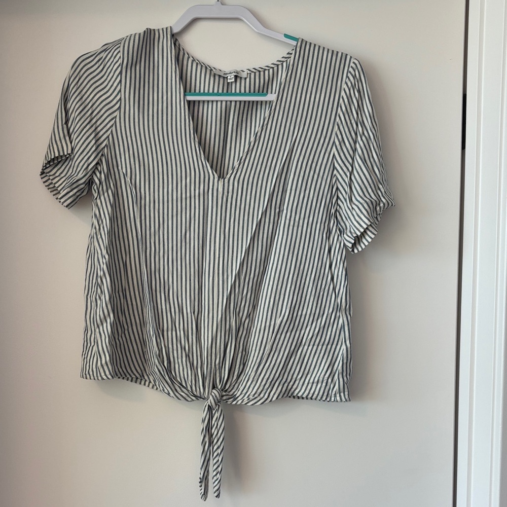 Madewell Blue and White Striped Tie-Front Blouse